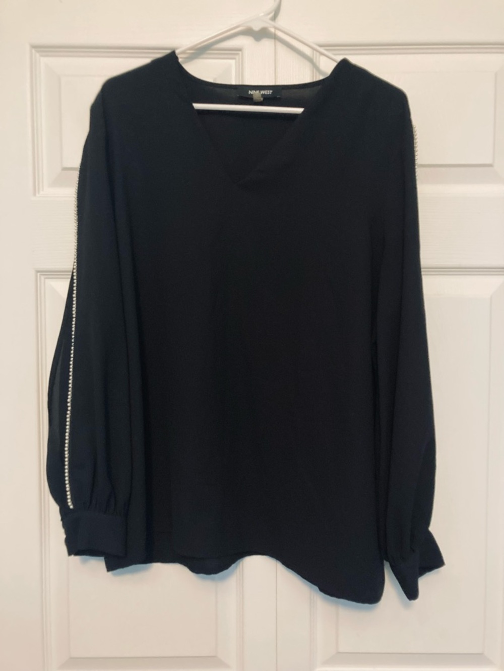 Nine West Black Long-Sleeve V-Neck Top with Sleeve Trim open arm beaded